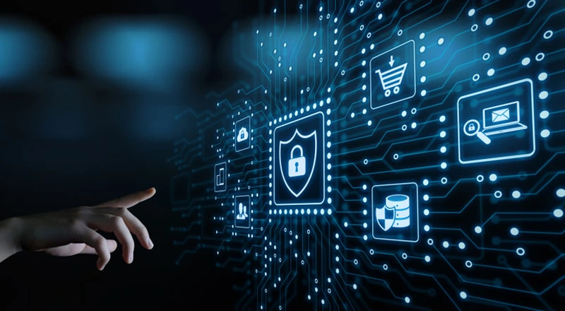 This image shows cybersecutity elements with a padlock on a blue screen background.