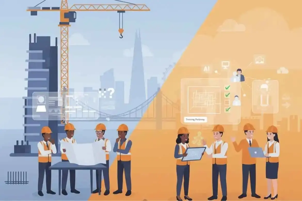 3D illustration showing UK construction workforce gap with diverse professionals and London skyline.