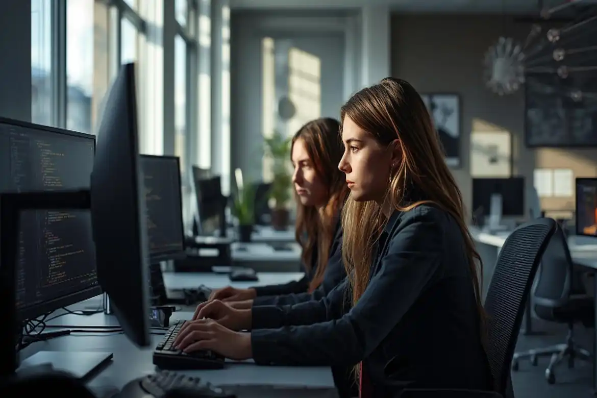 Professionals working at computer workstations in a modern office, representing cybersecurity jobs in Ireland.