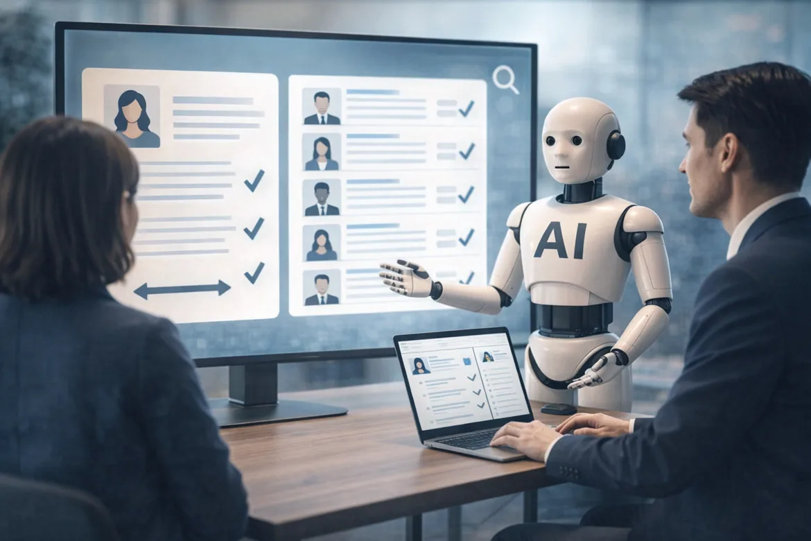 Agentic AI in Recruitment showing AI shortlisting candidates on a digital screen during a hiring meeting